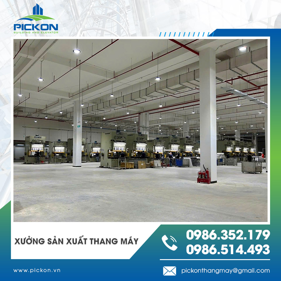 Hệ thống máy móc hiện đại tại xưởng sản xuất thang máy
